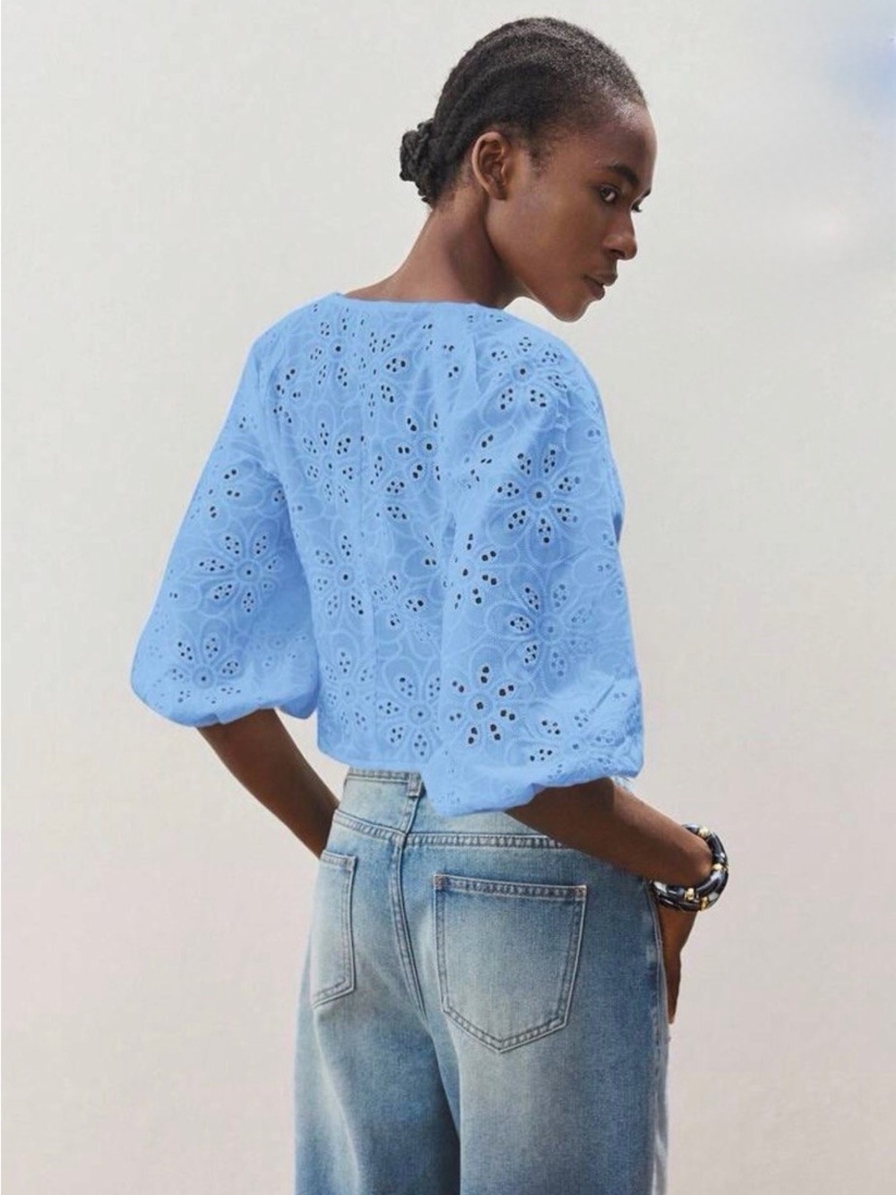 Sky Blue Eyelet V-Neck Puff Sleeve Blouse - Picture 5 of 6